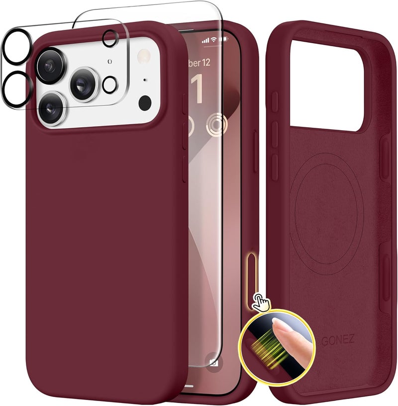 GONEZ Magnetic for iPhone 17 Pro Max Case, Compatible with MagSafe, [Screen Protector + Camera Lens Protector], Liquid Silicone Anti-Scratch Shockproof Protective Phone Case 6.9 inch, Maroon - Image 1
